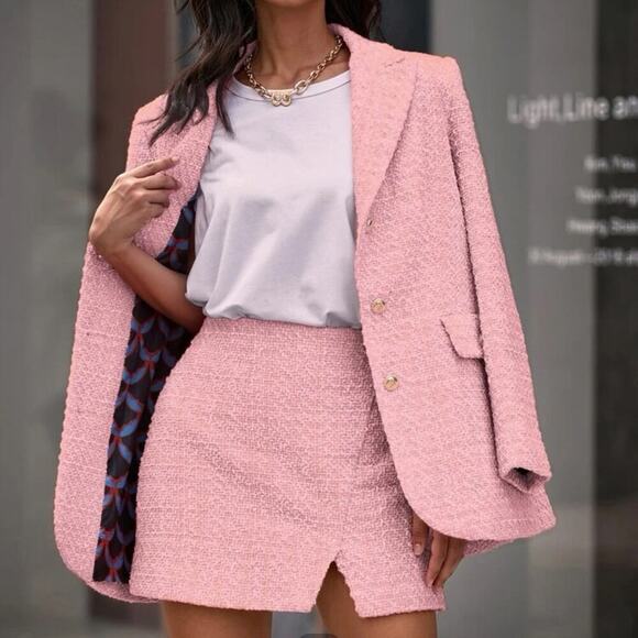 SHEIN Jackets & Blazers - SheIn tweed style blazer and skirt set in pink - size large